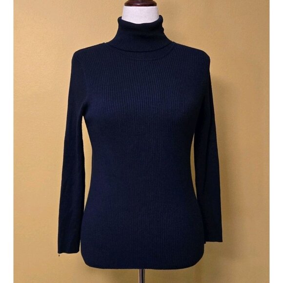 Joseph A Knit Turtleneck Sweater Navy Blue Womens Large Ribbed Rayon Stretch - Picture 1 of 8